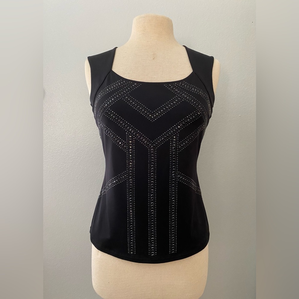 NWT CACHE Black Rhinestone Sleeveless Stretch Top, Shirt Sz SM